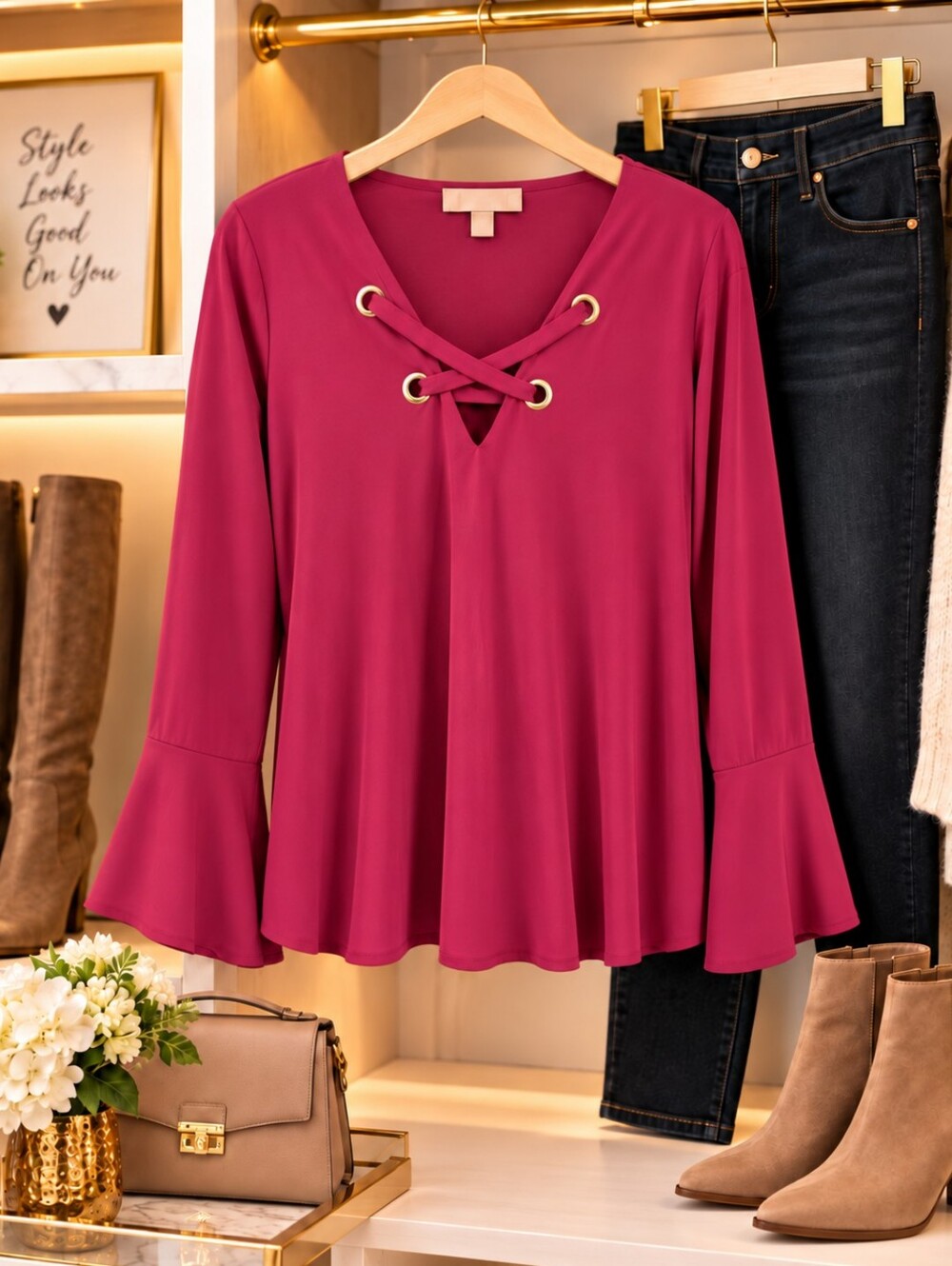 Michael Kors Cranberry Lace-Up Bell Sleeve Blouse | Size L